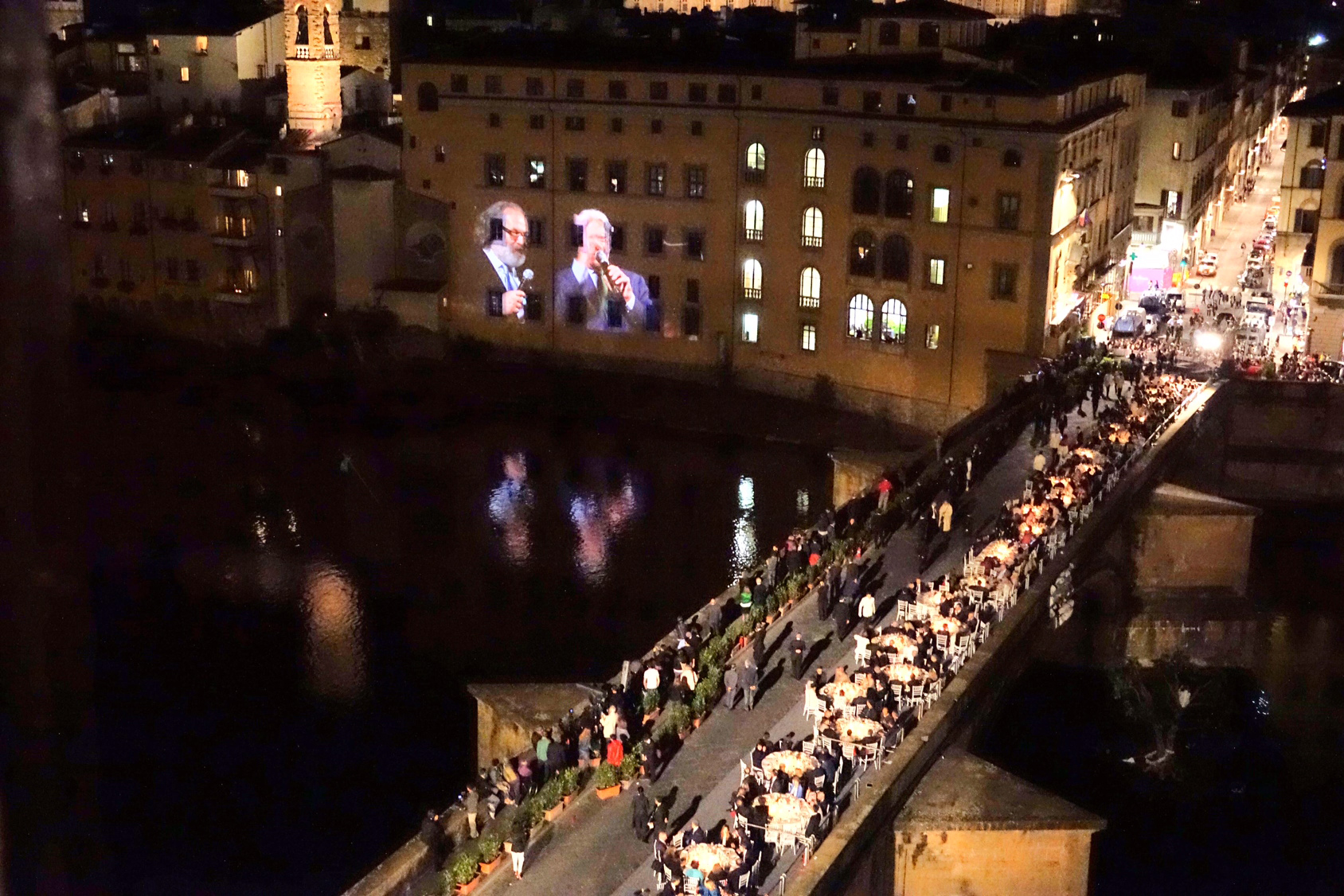 Firenze pitti uomo, cena per inaugurazione nuova illuminazione ponte vecchio
